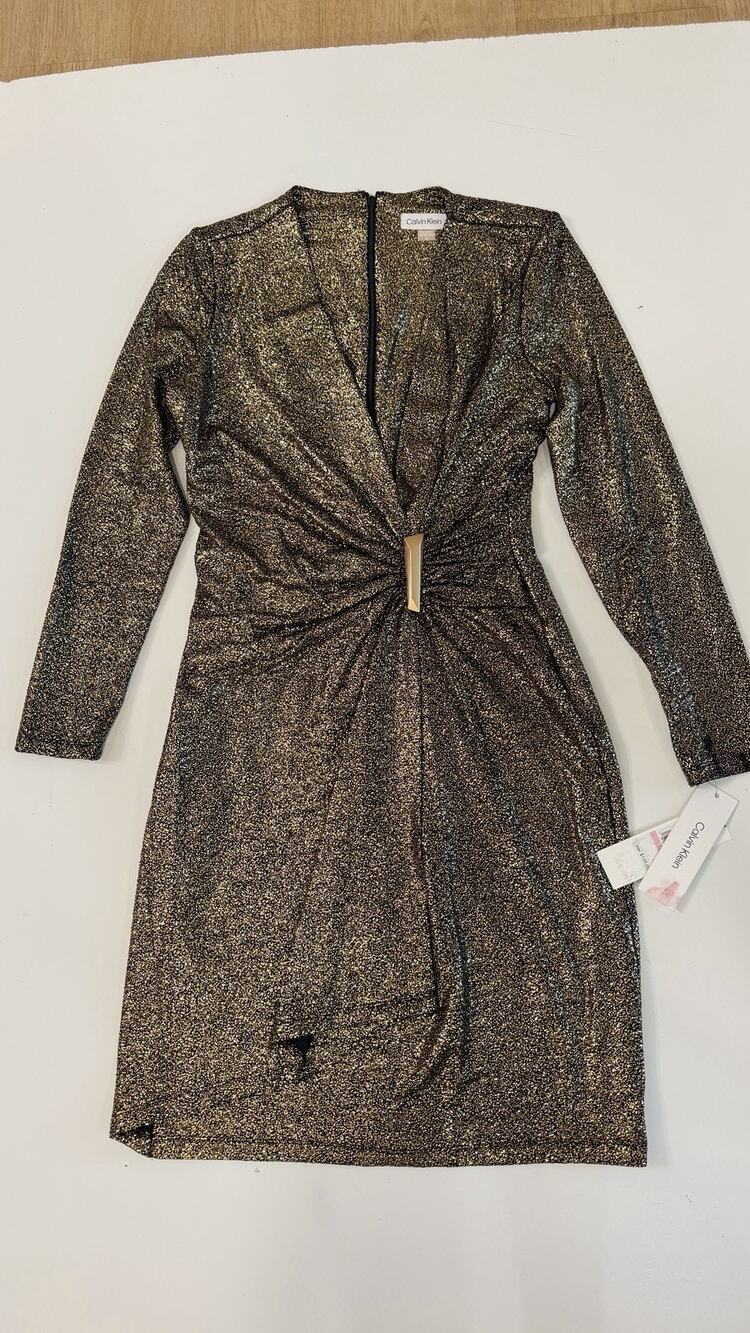 NWT Calvin Klein Women's Gold Metallic Faux-Wrap Sheath Dress Petite Size 10